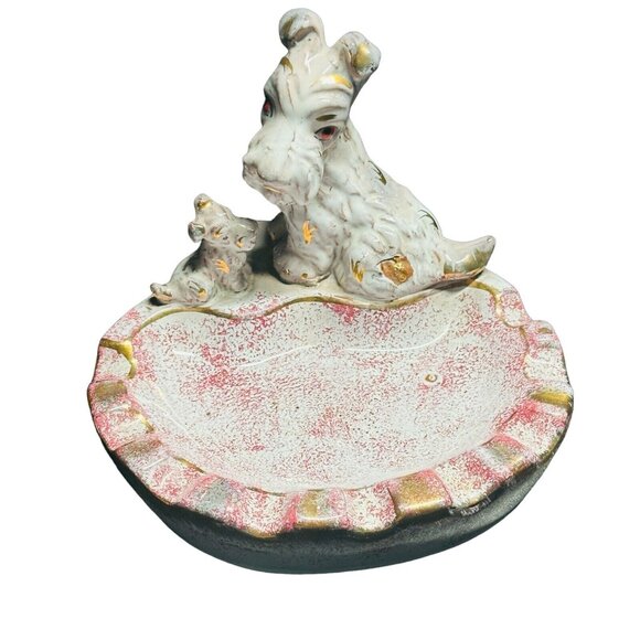 Other - Vintage Scottie Schnauzer Dog Ceramic Ashtray Retro Pink Gold White Trinket Tray